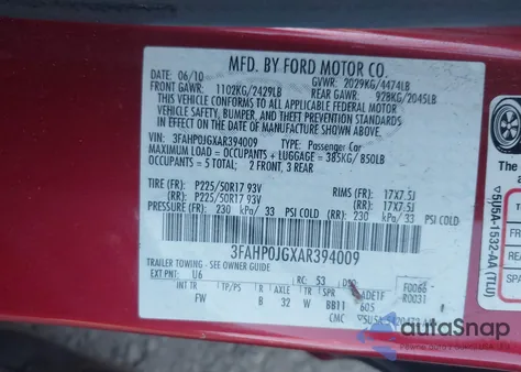 2010 Ford Fusion Sel z USA, uszkodzony, nr VIN 3FAHP0JGXAR394009